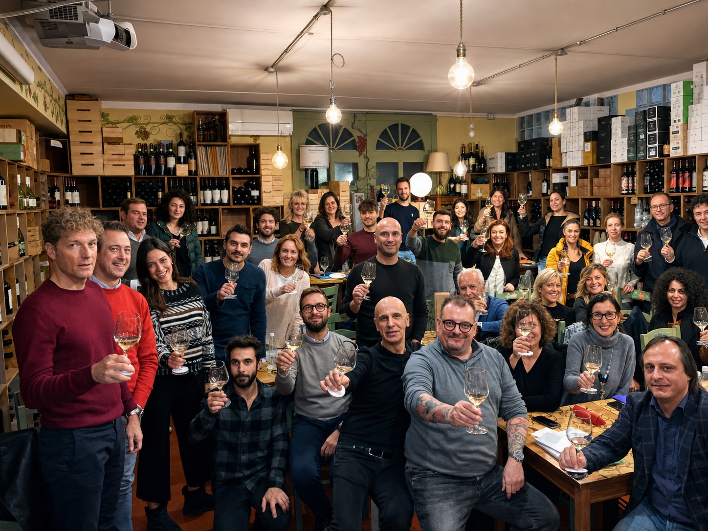 Brindisi di gruppo alla fine di un corso, nell'enoteca