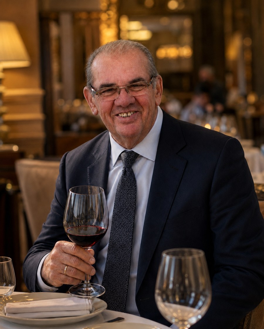 Elio Cremonese, padre di Stefano, con un calice di vino rosso